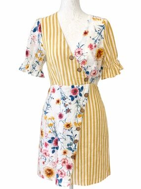 Patchwork Floral&Stripe Mini Dress Button Front Cottagecore Boho Boutique Small
